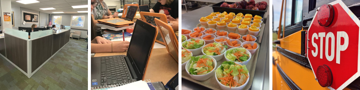 Collage of 4 photos - High School office, computers, food, and bus